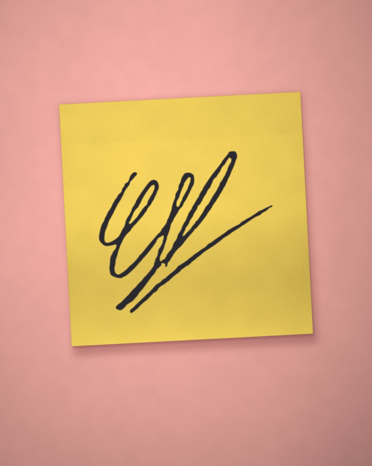 Ma signature au feutre sur un post-it jaune collé au mur